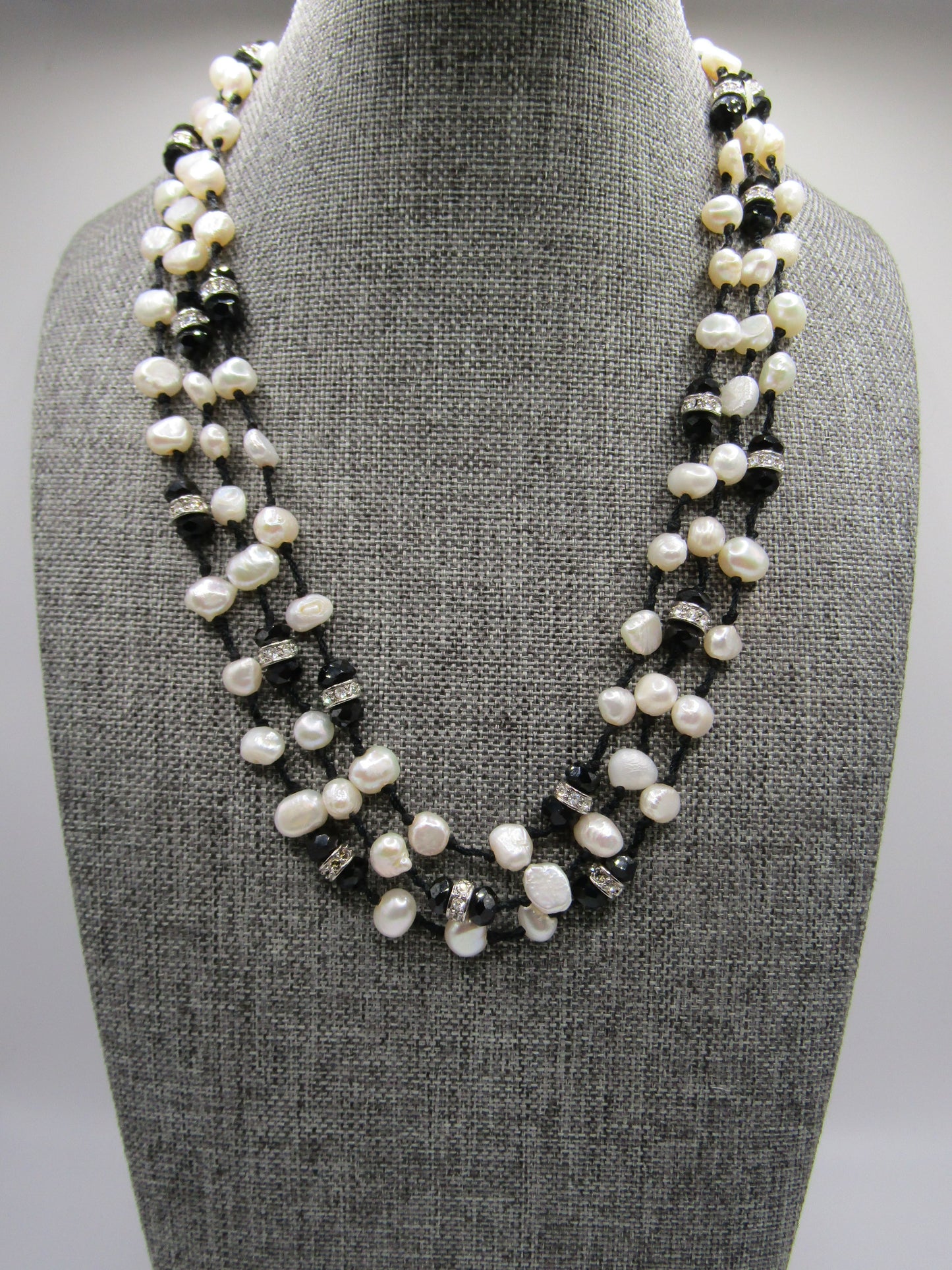 16 1/4" Multi Strand Freshwater Baroque Pearl Onyx Rhinestone Necklace