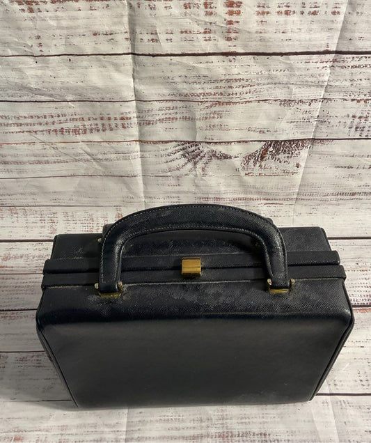 Vintage French Dark Black/Blue Top Handle Leather Bag 9"x 6.5"