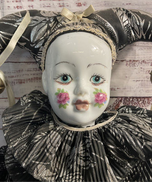 Vintage Porcelain Clown Doll Harlequin Floral Cheeks Black Silver Attire 17"