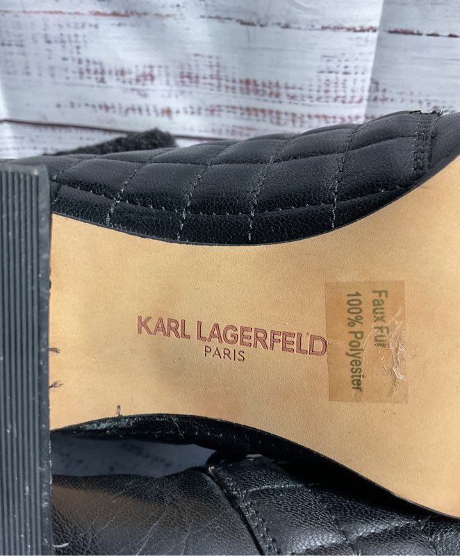 Karl Lagerfeld Cantyn Faux Fur Quilted Black Leather Block Heel Booties Size 10