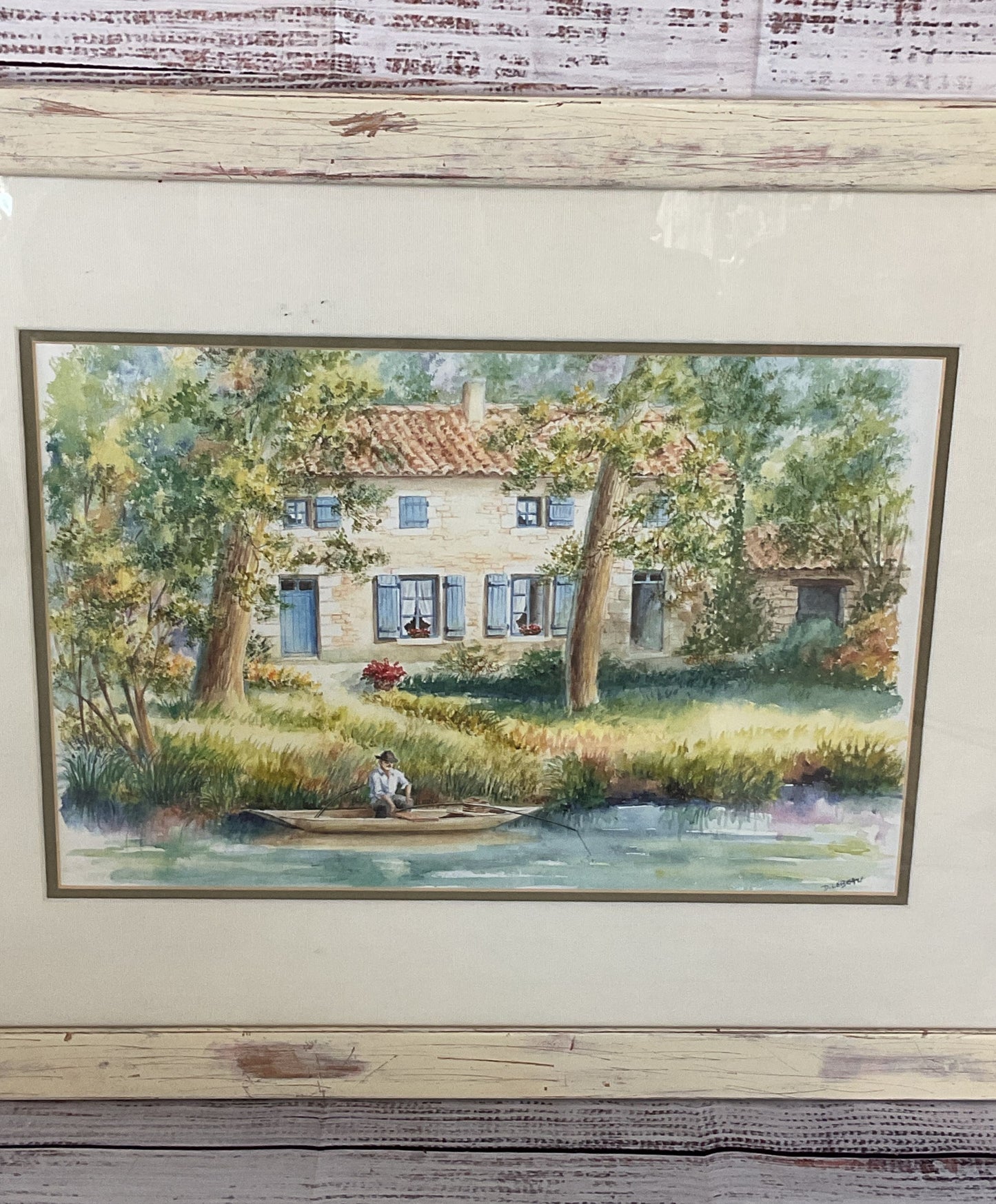 Fisherman at Lake House Framed Painting by Danielle Lebeau Signed