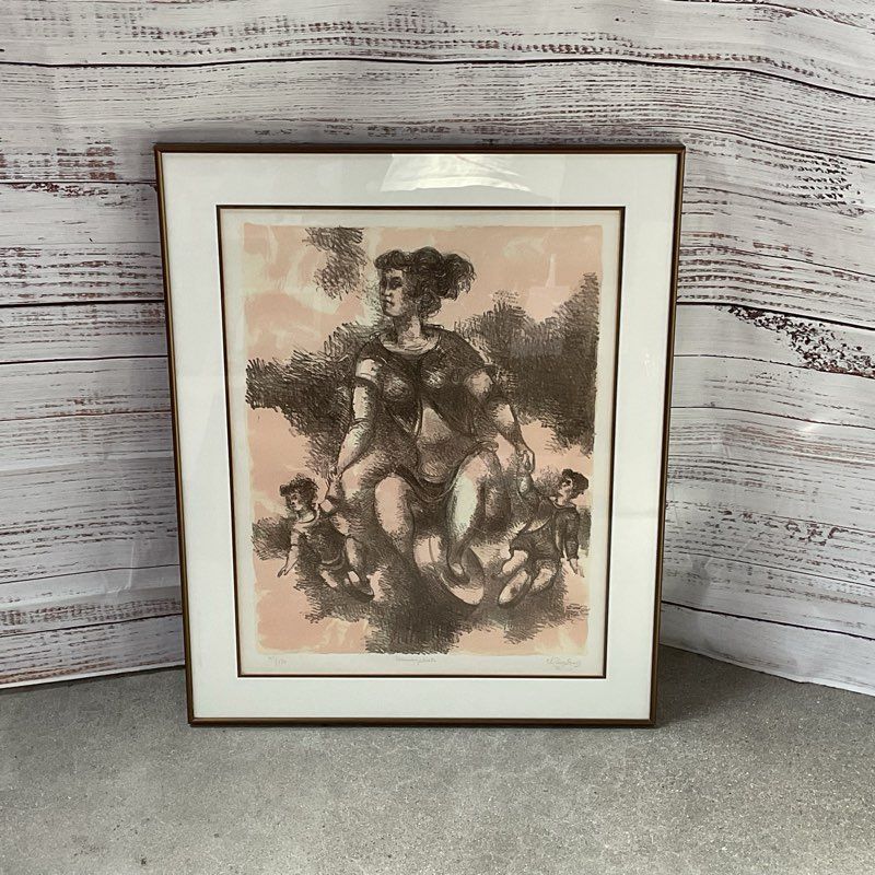 VTG. "Unicyclists" Lithograph Print Signed by Chaim Gross 33/150, Framed