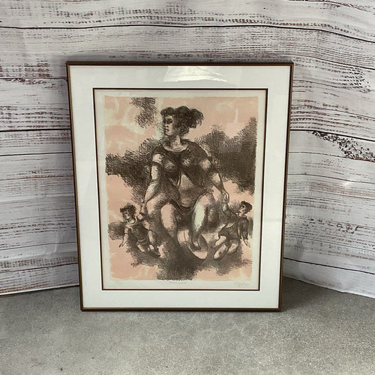 VTG. "Unicyclists" Lithograph Print Signed by Chaim Gross 33/150, Framed