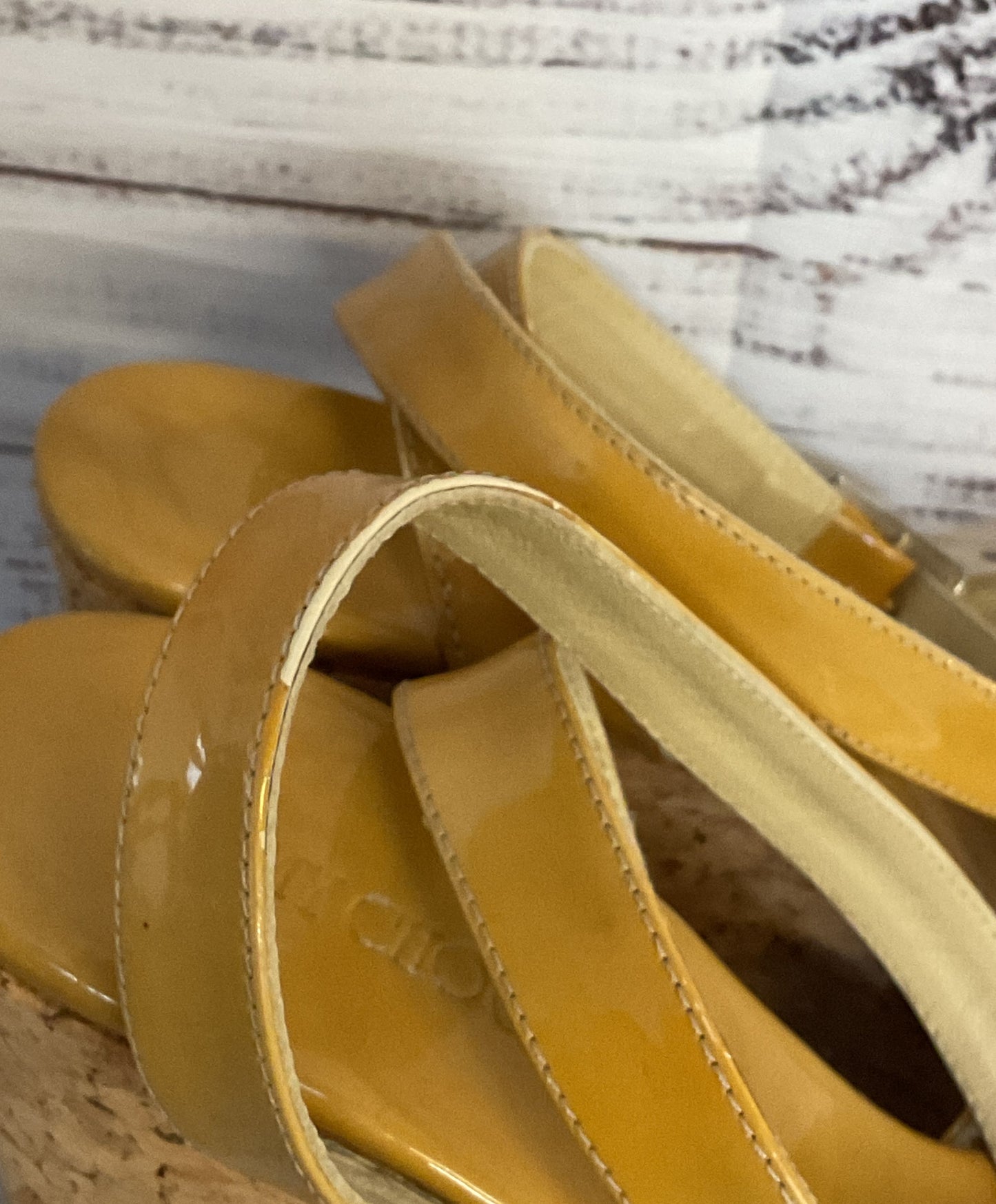 Jimmy Choo Patent Leather Strappy Cork Wedge Sandals Beige 8