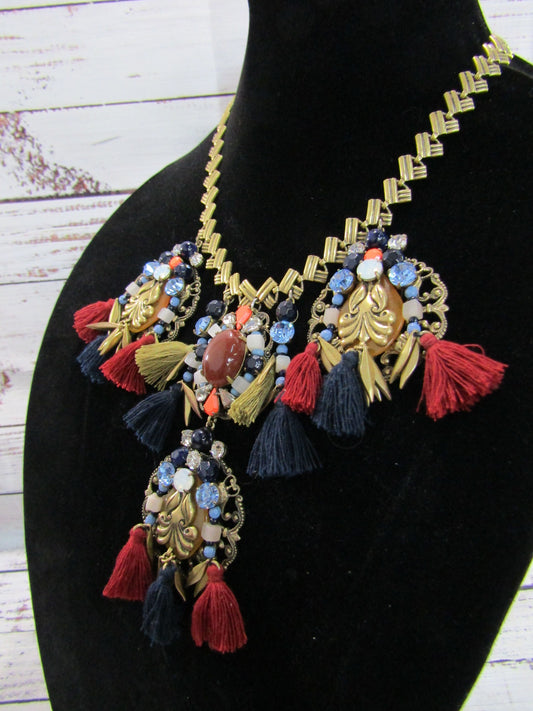 J. Crew Multi-Color Rhinestone Tassel Statement Necklace