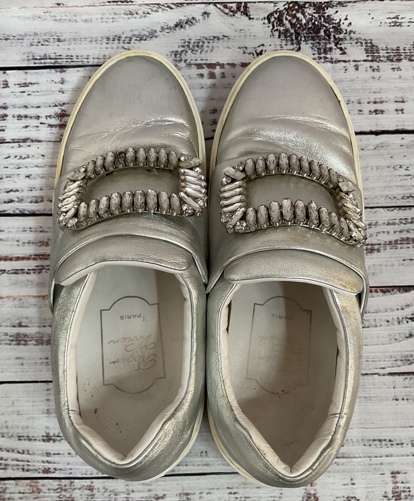 Roger Vivier Women's Silver Leather Crystal Embellished Slip-On Made in Italy