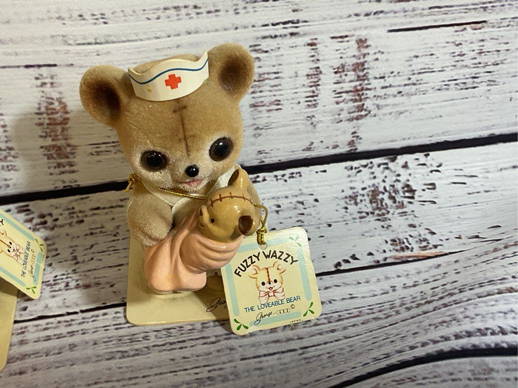 VTG. GEORGE GOOD Fuzzy Wazzy Flocked Nurse Teddy Bears- SET OF 2