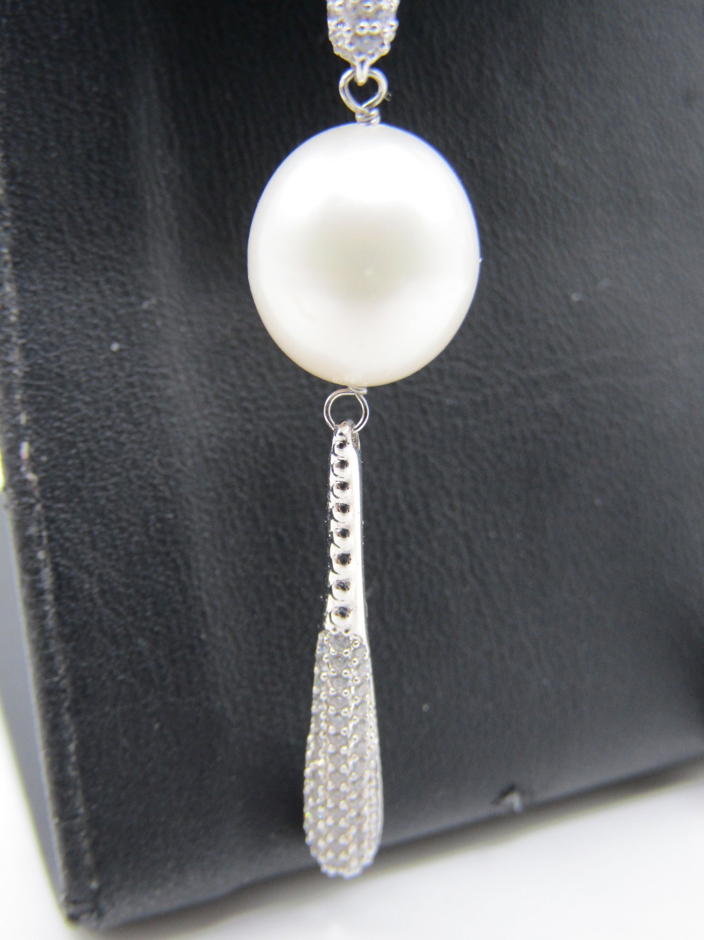Rhodium Plated CZ Pave Freshwater Pearl Drop Dangle Earrings