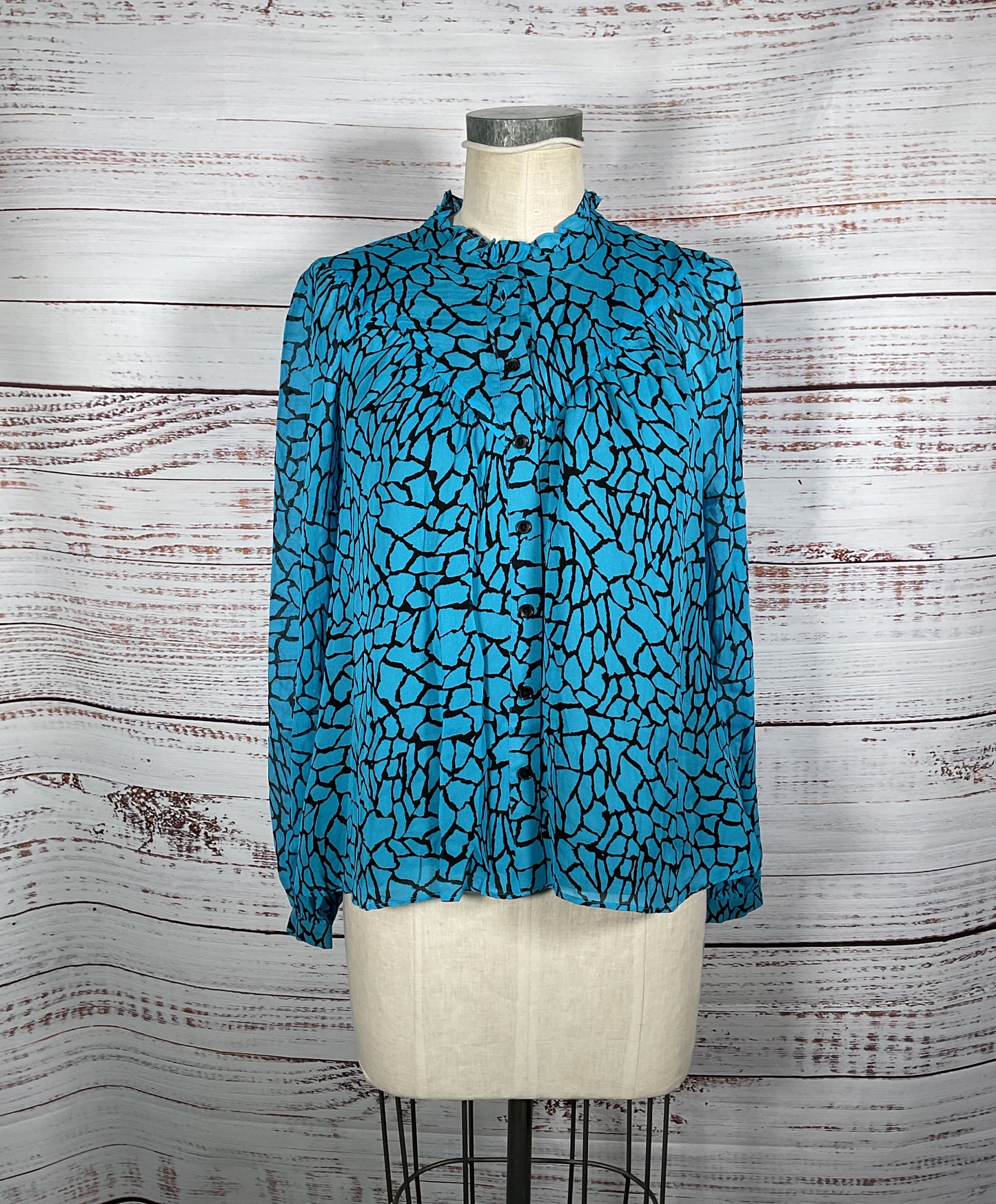 Whistles Terrazzo Button Up Front Blue and Black Patterned Blouse - Size 8