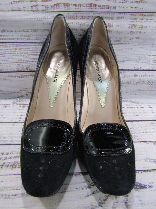 Emporio Armani Women's Black Suede Patent Leather Pumps Size 9 Made in Italy