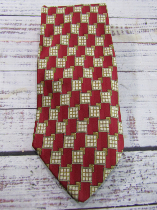Vintage Valentino Red Silk Geometric Square Print Tie Made in Italy