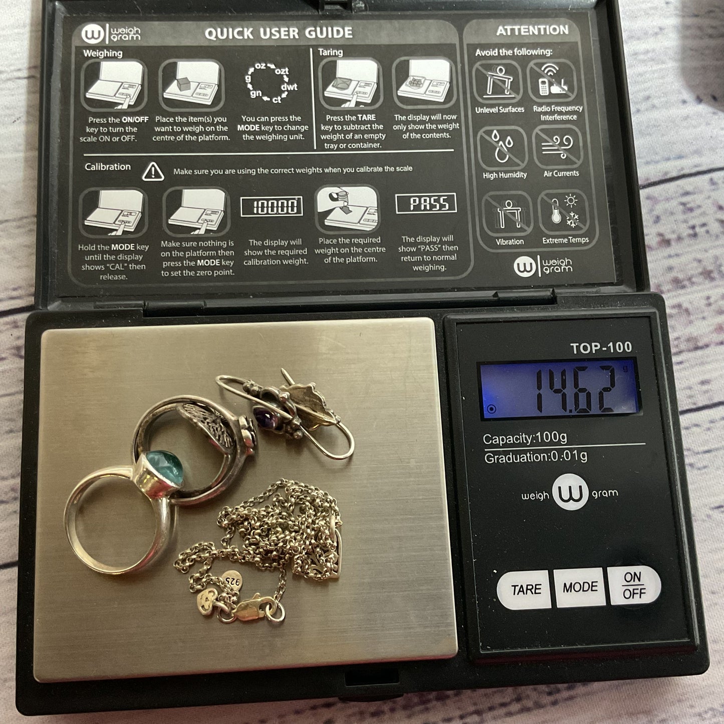 Lot of Sterling Silver 3 Rings, Earrings, Necklace- 14.62g
