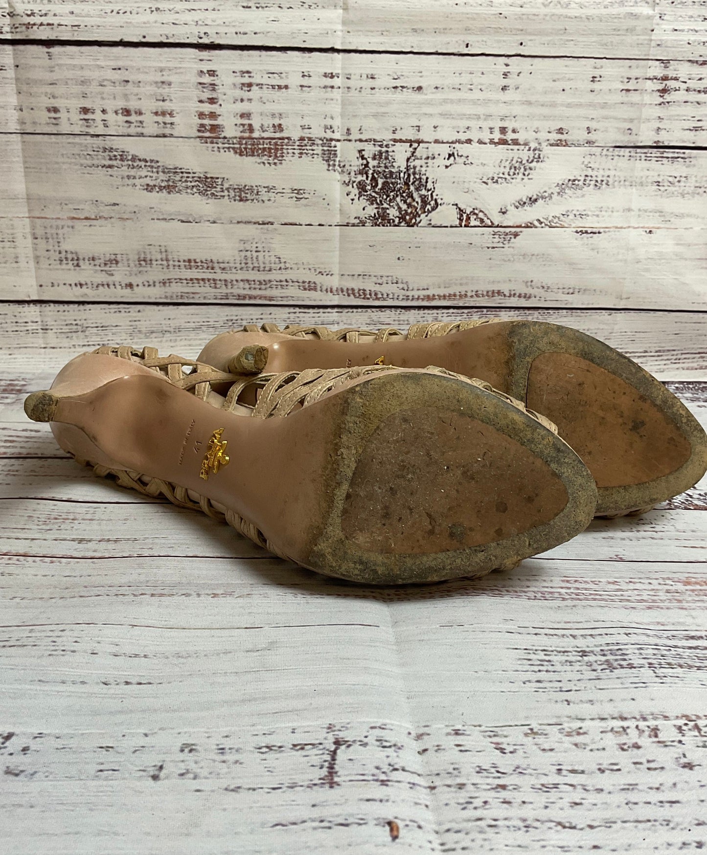 Prada Beige Leather Strappy 2010's Heel Women Size 41 or 10.5