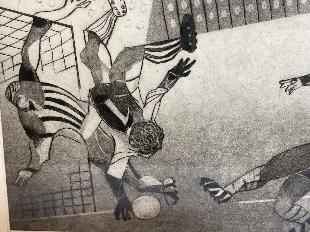 VTG. Signed ROLAND JARVIS "Soccer" Drypoint on Steel Etching Print