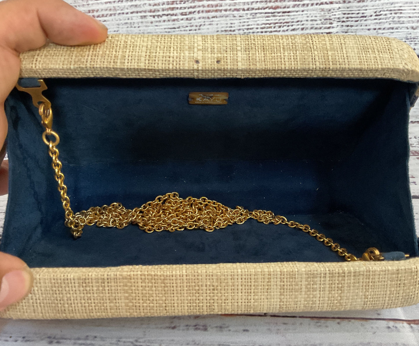 Kayu Vera Women's Beige Blue Striped Raffia Clutch Evening Bag MISSING LEMON