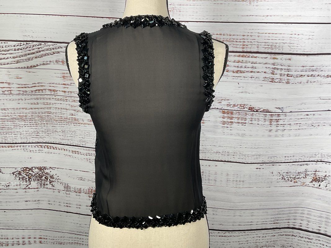 EVA CHUN Women's Black Silk Heavy Beaded Sleeveless Blouse- SZ S