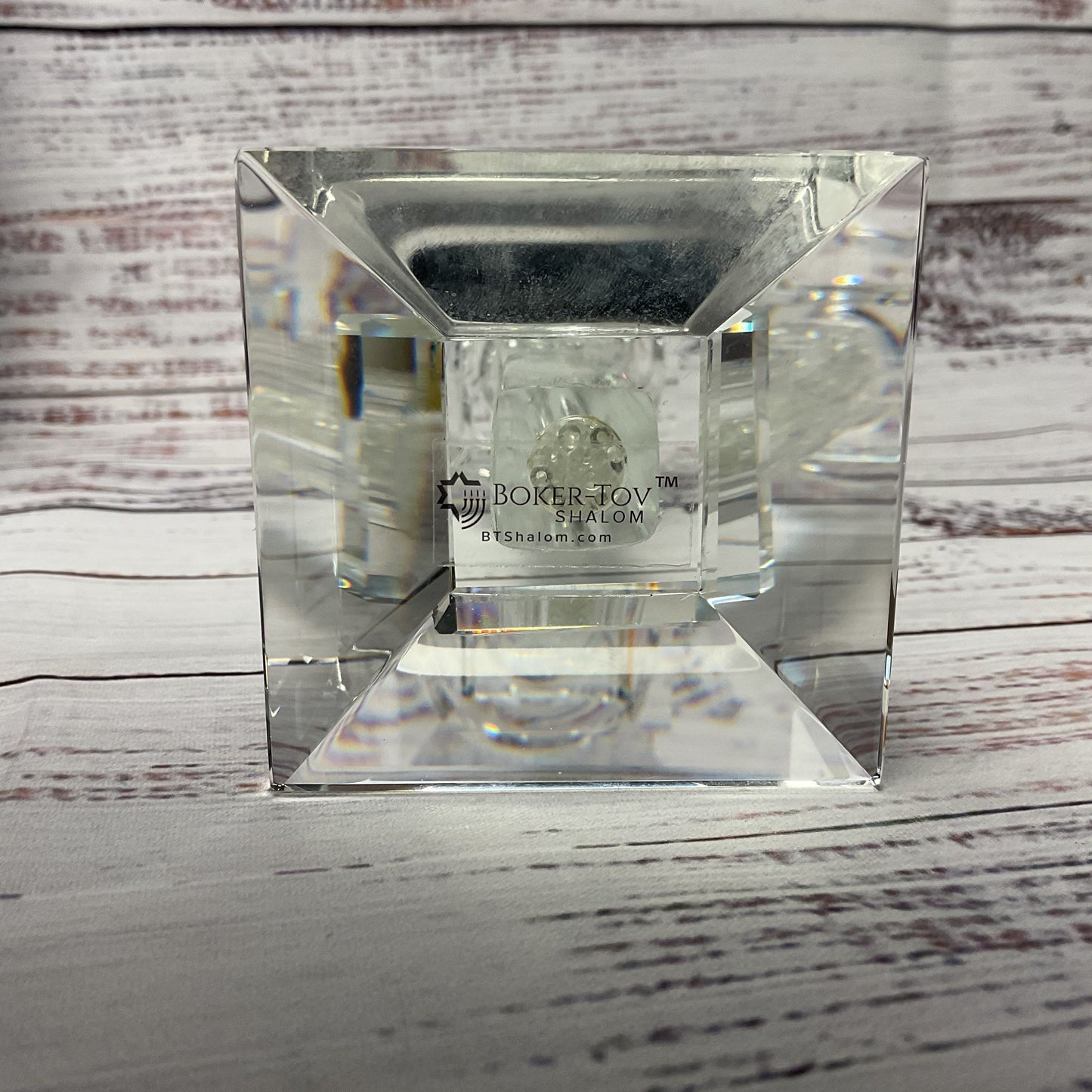 Boker Tov Shalom Rhinestone Crystal Glass Candle Stick Pair