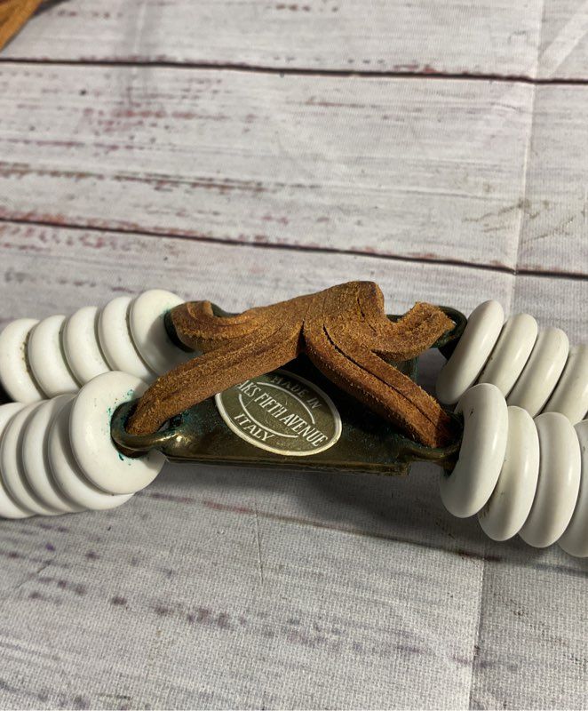 Vintage Saks Fifth Avenue White Beaded Square Buckle Leather Tie Belt