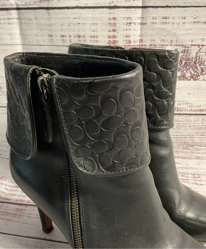 Coach Mackenna Size 8 B High Heel Booties Boots Embossed Cuff Leather Black