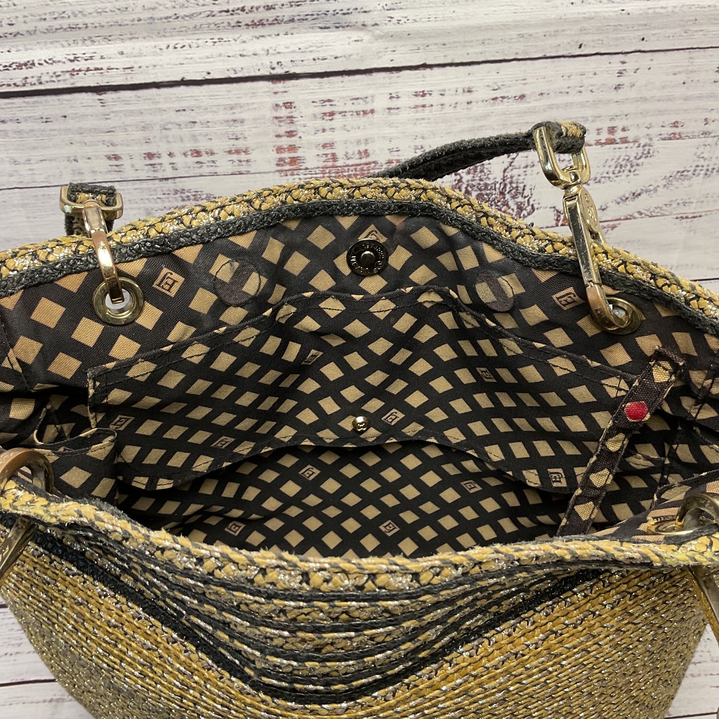 Eric Javits Squishee Beige Black Woven Raffia Tote Shoulder Bag Purse
