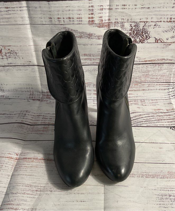 Coach Mackenna Size 8 B High Heel Booties Boots Embossed Cuff Leather Black