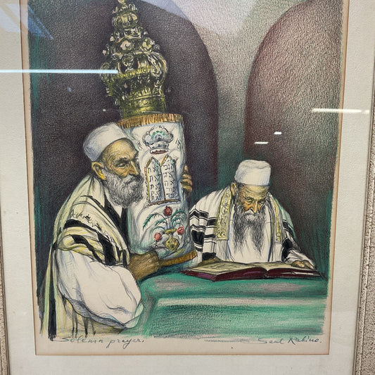 Saul Rabino "Solemn Prayer" Rabbis Hand Colored Lithograph Signed