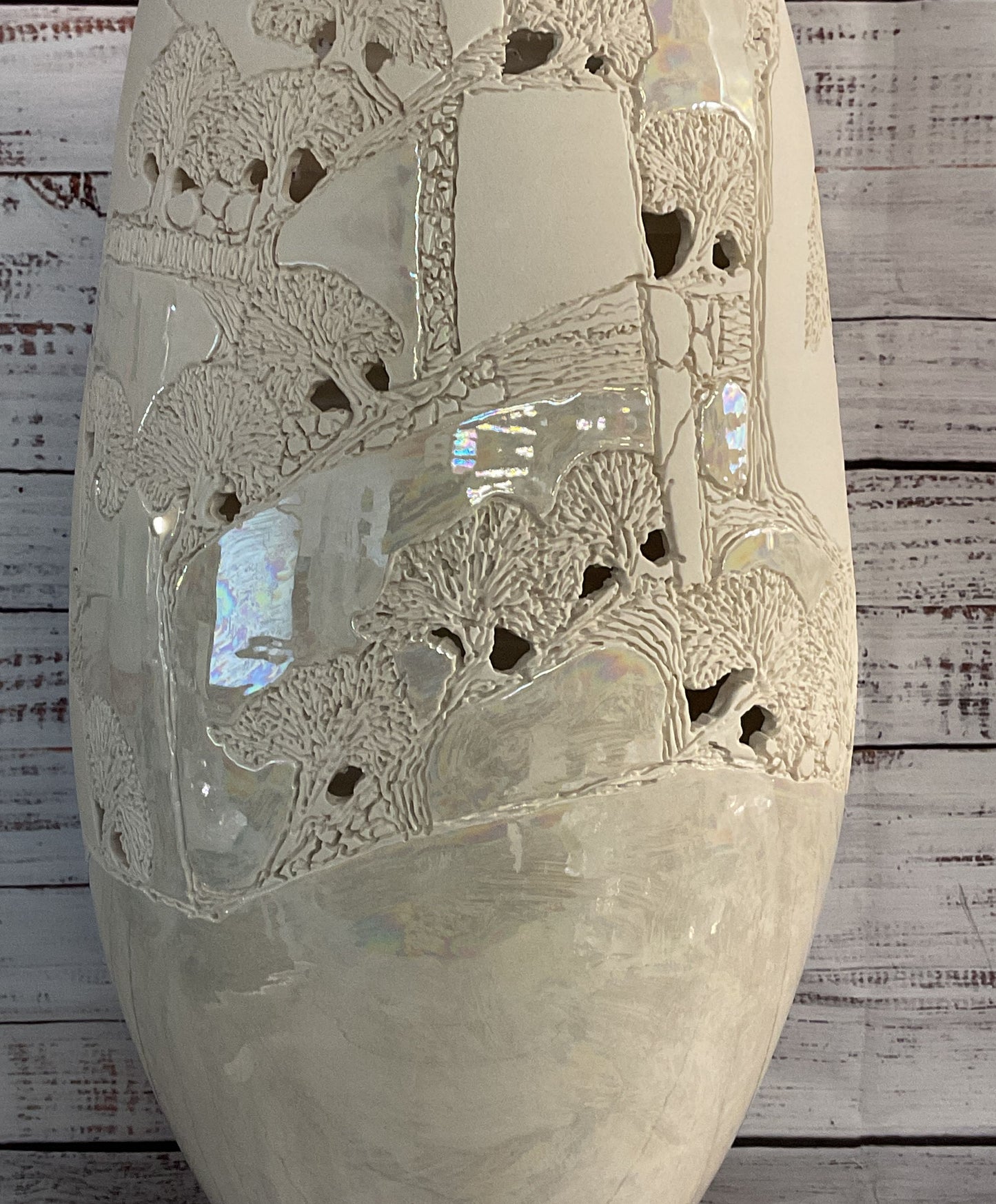 Tim & Erica Peters Lusterware Tree Carved Decorative Vase White Iridescent