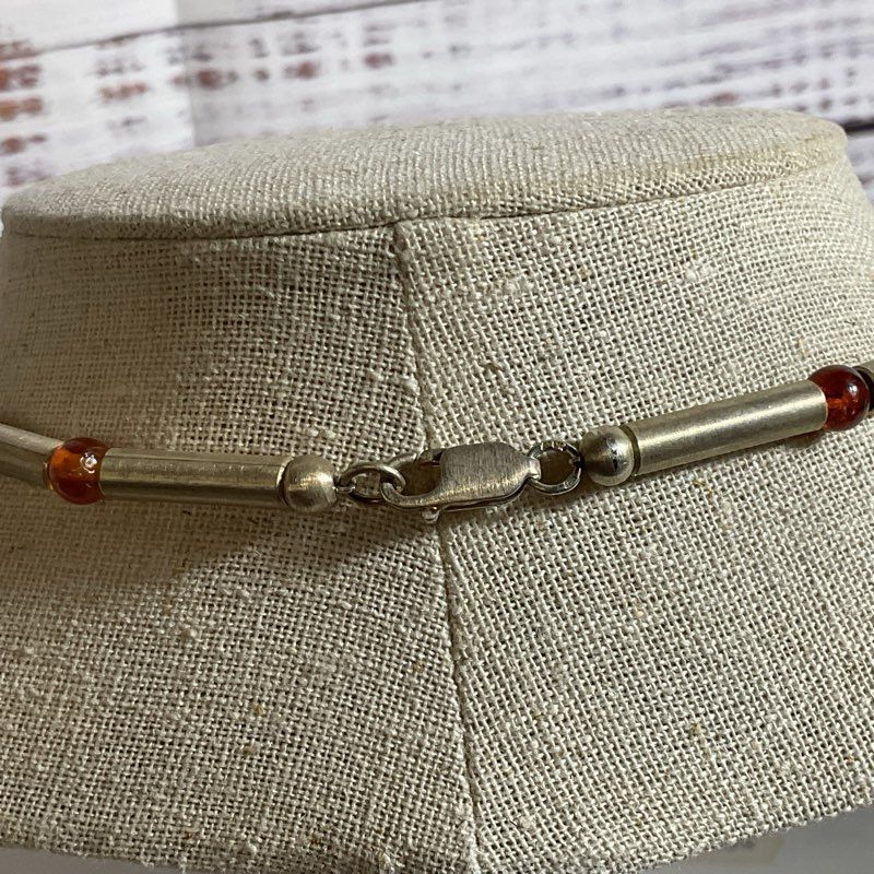 Sterling Silver Bar Beads & Cabochon Amber 16.5" Necklace and Earring Set- 48g