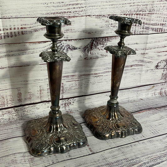 Pair of ANTIQUE FORBES Silver Co. Quadruple Plated Repoussé 10" Candle Sticks