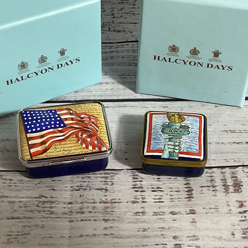 Set of 2 VTG. HALCYON DAYS American Flag and Statue of Liberty Trinket Boxes