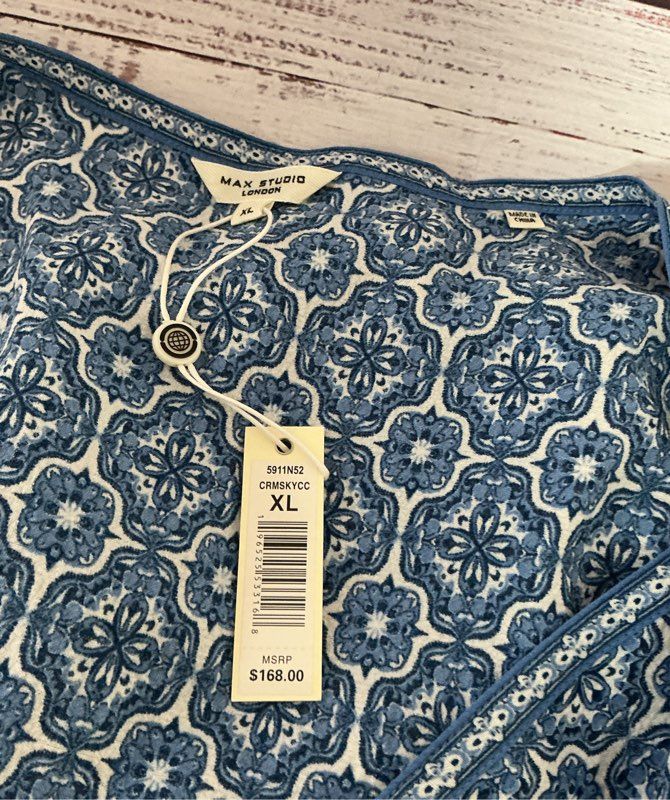 NWT Women's Max Studio Blue Print Boho Short Dress Size XL Retail $168