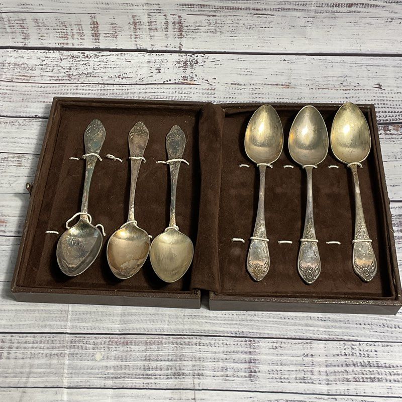 Lot Of 6 Russian MHU Silver Plate Soup Spoons w/ Brown Case