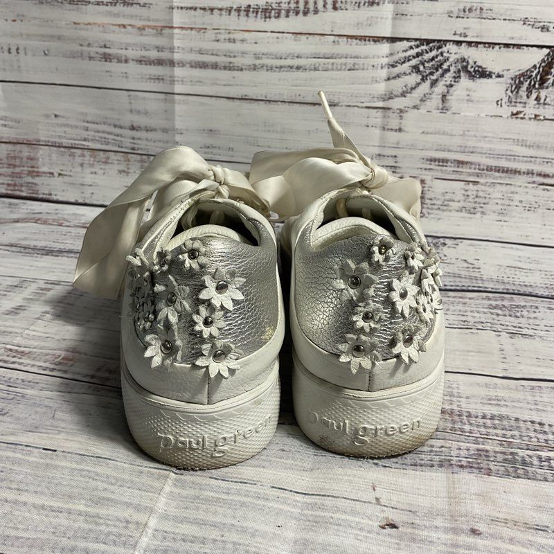 Paul Green White & Silver Floral Leather Ribbon Lace Sneaker Women's Size 6