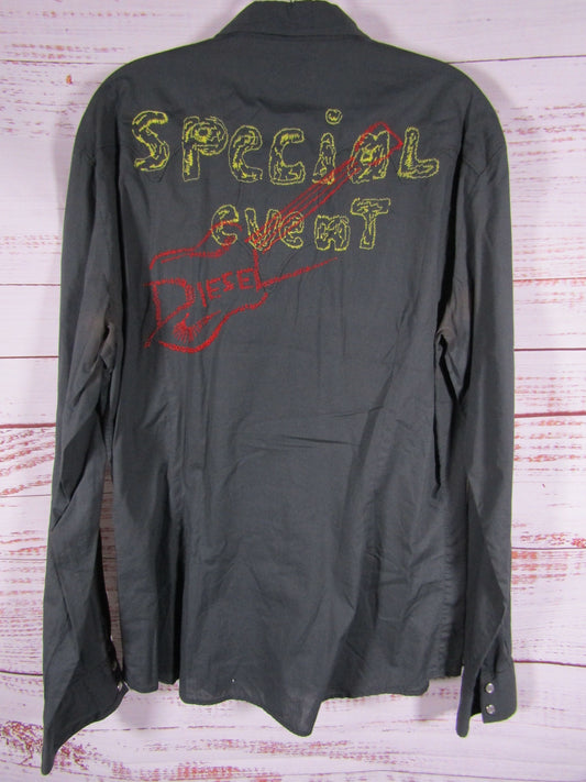 Diesel Special Event Men's Black Long Sleeve Embroidered Patch Shirt Size XL