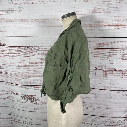 Meo Meli Green Linen Button Up Front Tie Blouse Top