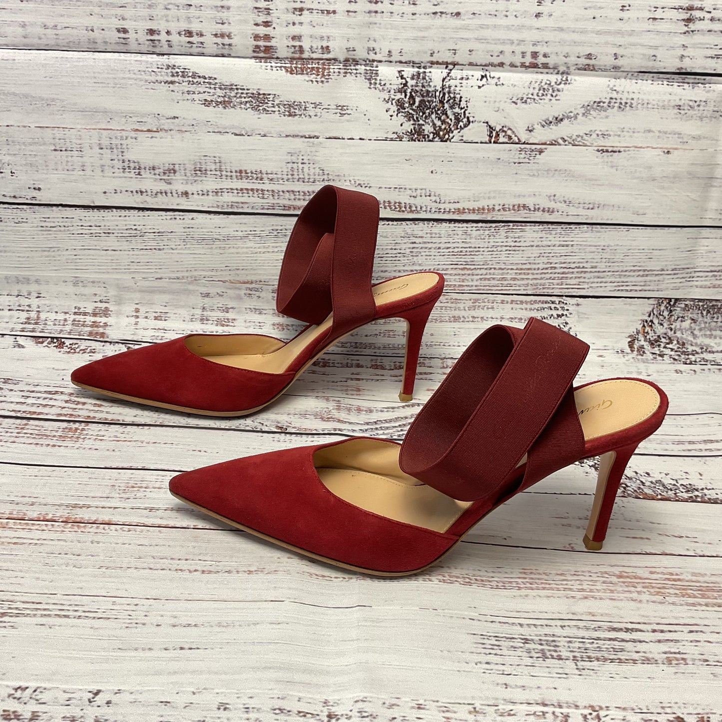 Gianvito Rossi Red Suede Elastic Ankle Strap Slingback Heel Women 7