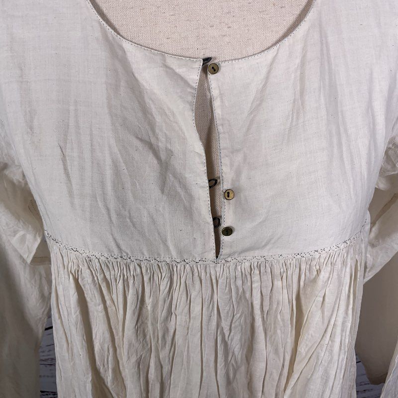 Injiri Ivory Round Neck Long Sleeve 3/4 Button Cotton Midi Dress - Size 38