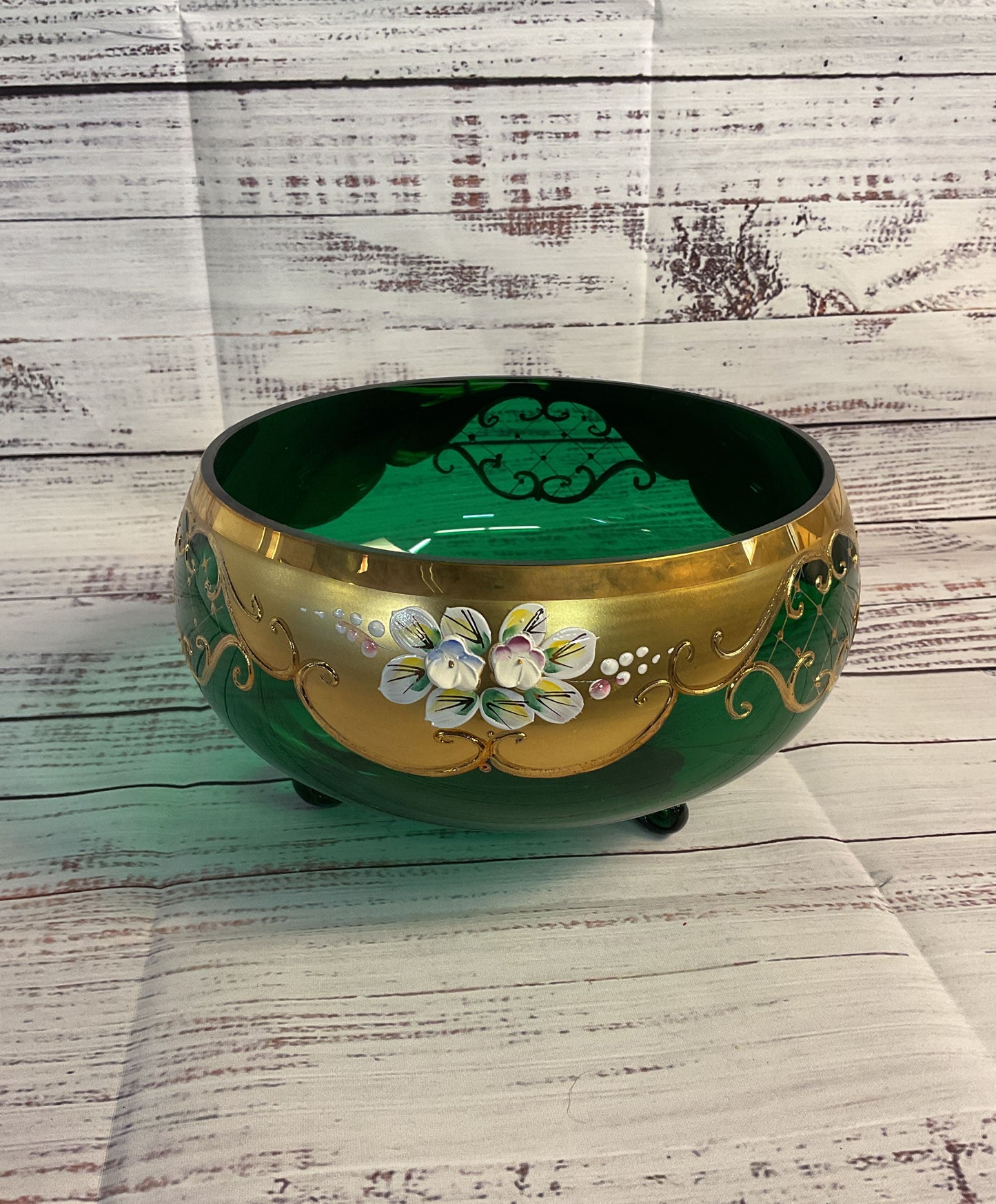 Gold Bohemia Czech Republic Green Glass Bowl