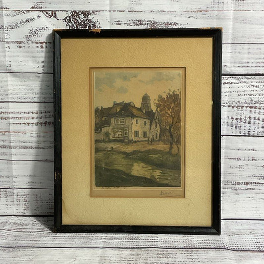 VTG. "La Petite Epicerie" Framed Etching Signed L. Davril (Lucien Dasselborne)