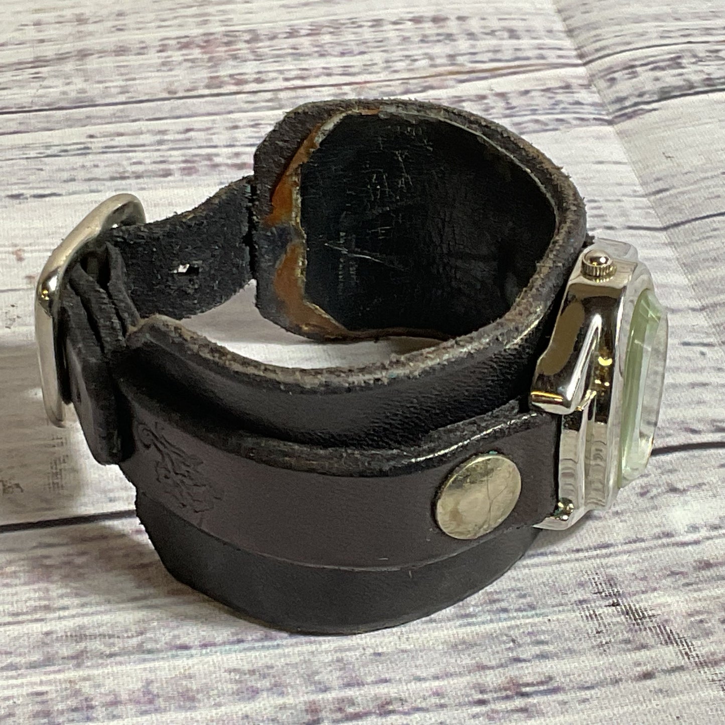RED MONKEY Designs Women's Black Leather Wide Band Watch- NEEDS BATTERY