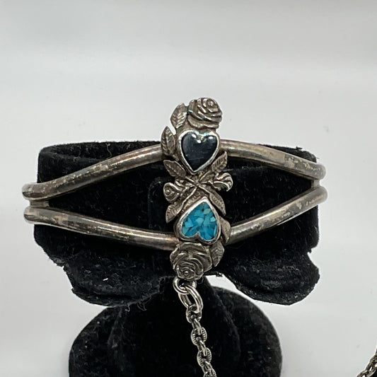 G&S RP Silver Tone Two Hearts Cuff Bracelet with SZ 5.25 Chain Ring