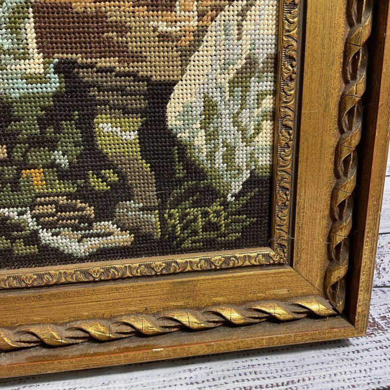 VTG 1979 Woman Carving Her Initials Needlepoint Reproduction Textile Art Framed