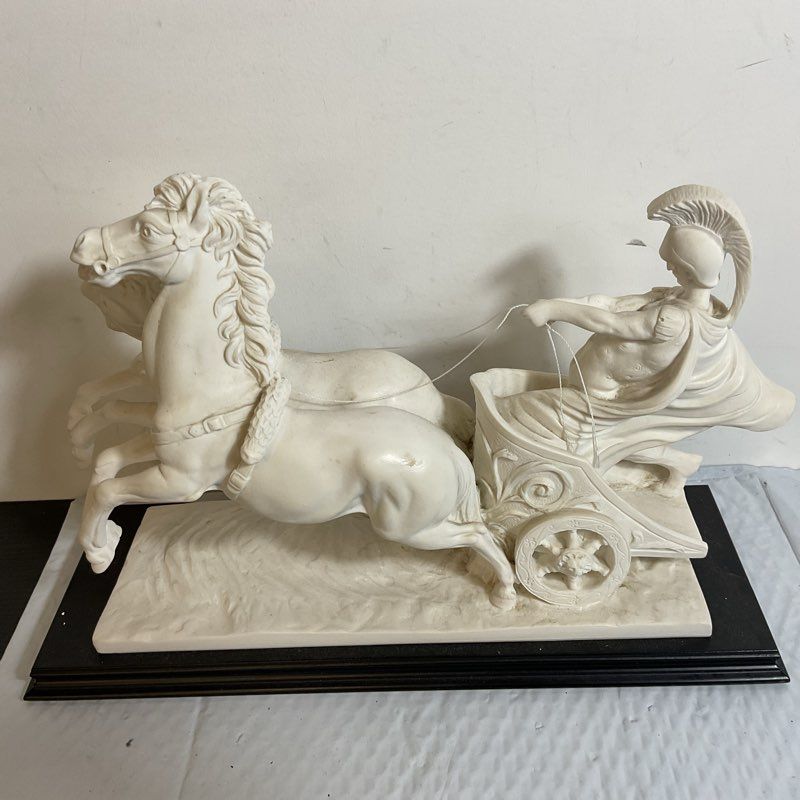 VTG. Signed A. SANTINI Roman Chariot Gladiator Horses Sculpture- 16.5" x 11.5"