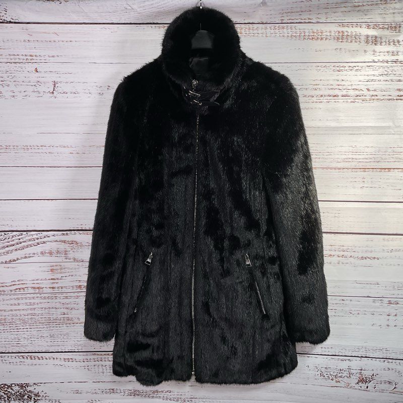 Karl Lagerfeld Paris Black Faux Fur Buckled High Collar Jacket Women's XS