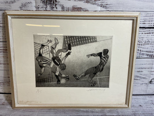 VTG. Signed ROLAND JARVIS "Soccer" Drypoint on Steel Etching Print