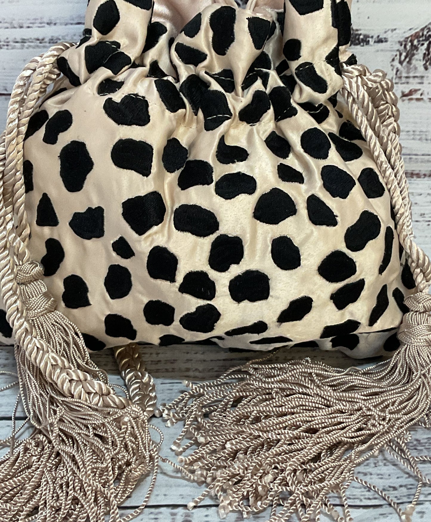 Rebecca De Ravenel Satin Drawstring Tassel Cheetah Print Shoulder Bag Multicolor
