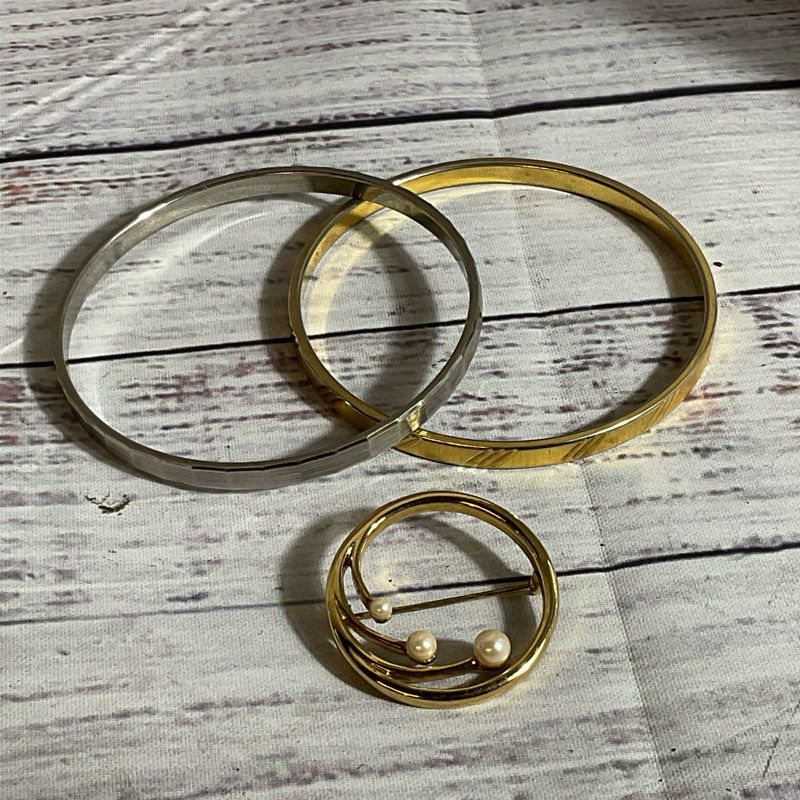 Set of 3 MONET Bangles and Faux Pearl Brooch