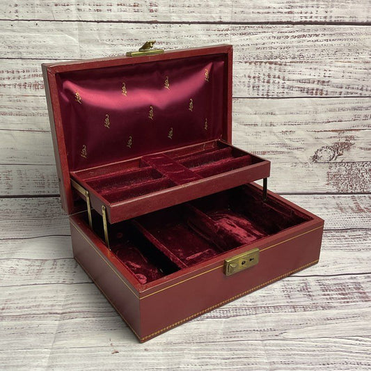 Vintage Burgundy Faux Leather Velvet Lined 2 Tier Jewelry Box