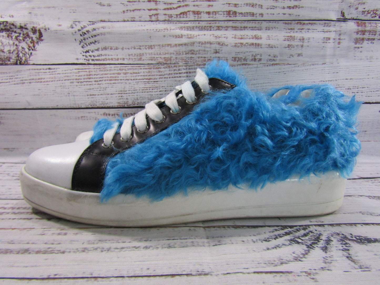 Prada Frankenstein Women's Faux Fur Leather Low Top Sneakers Made in Italy