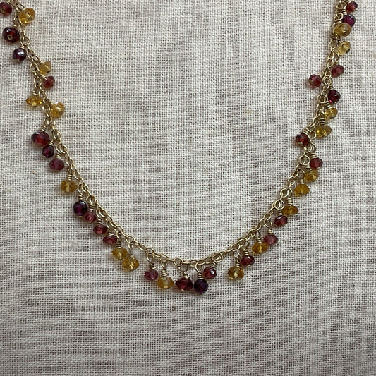 585 14K Yellow Gold Garnet & Citrine Dangle Beads 21" Chain Necklace- 11.97g